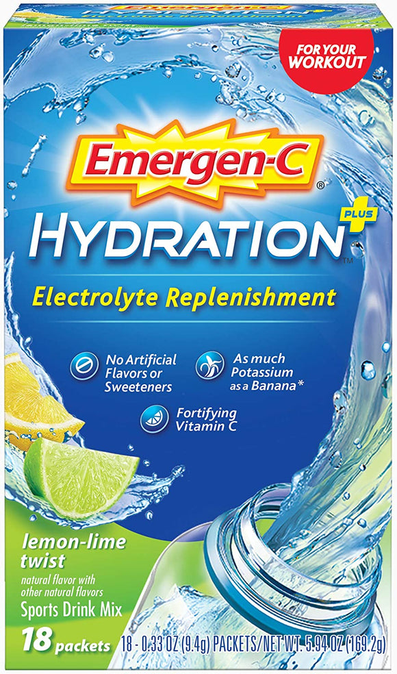 Emergen-C Hydration+ Sports Drink Mix With Vitamin C (18 Count, Lemon Lime Flavor), Electrolyte Replenishment, 0.33 Ounce Powder Packets
