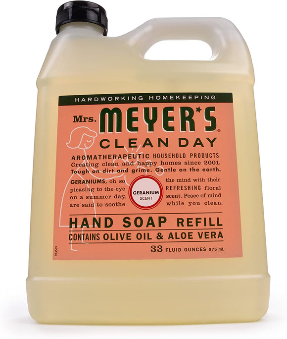 Mrs. Meyer's Clean Day Liquid Hand Soap Refill, Cruelty Free and Biodegradable Formula, Geranium Scent, 33 oz, 3 Packs
