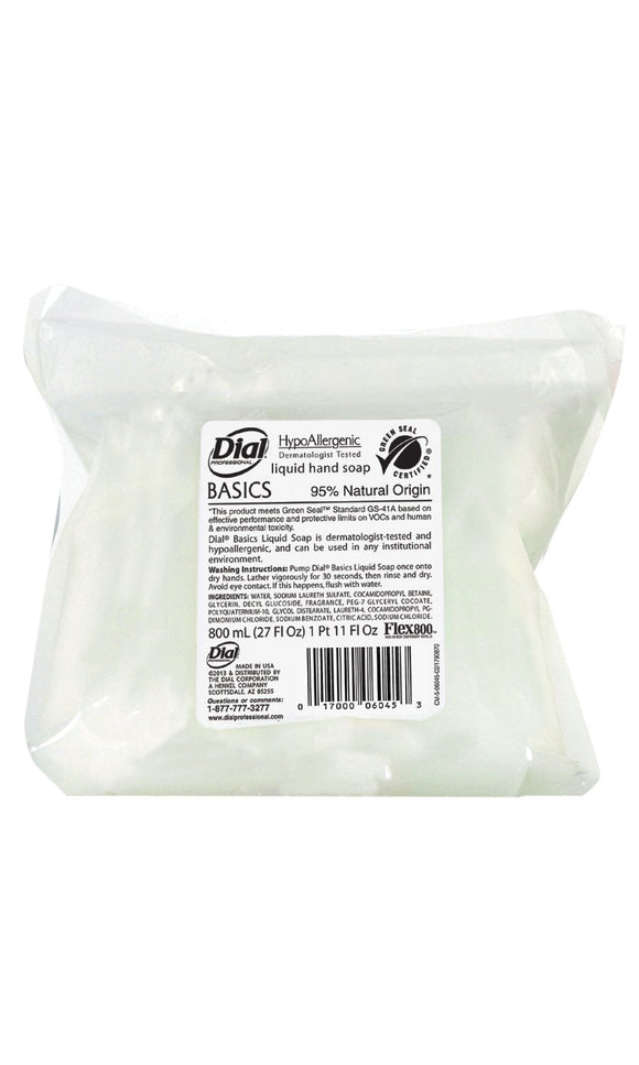 Dial 1325976 Basics Honeysuckle Floral White Pearl Hypoallergenic Liquid Hand Soap, 800 mL Flex Pack (Pack of 12)