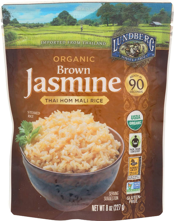 Lundberg Organic Fully Cooked & Ready To Heat Rice, Brown Jasmine Thai Hom Mali Rice, 8 Oz, Gluten-Free, Vegan, Usda Organic, Non-GMO, Fair Trade, 8 Oz