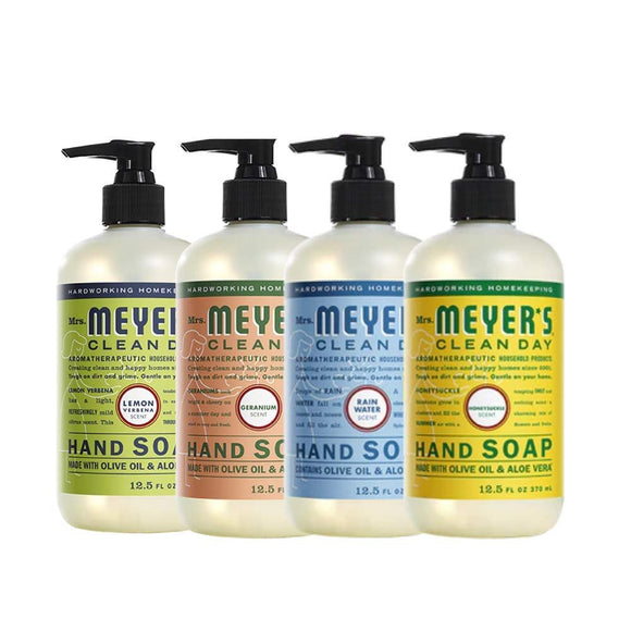 Mrs. Meyers Clean Day Liquid Hand Soap, 1 Pack Lemon Verbena, 1 Pack Geranium, 1 Pack Rain water, 1 Pack Honey Suckle, 12.50 OZ each
