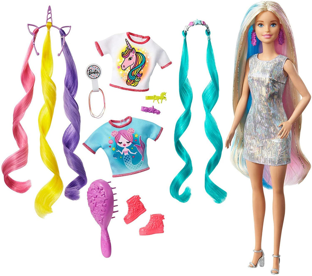 Barbie Fantasy Hair Doll, Blonde, with 2 Decorated Crowns, 2 Tops & Accessories for Mermaid and Unicorn Looks, Plus Hairstyling Pieces, for Kids 3 to 7 Years Old