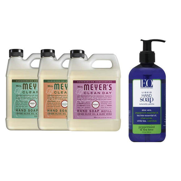 Liquid Hand Soap Refill, 1 Pack Basil, 1 Pack Geranium, 1 Pack Peony, 33 OZ each include 1, 12 OZ Bottle of Hand Soap Peppermint & Tea Tree