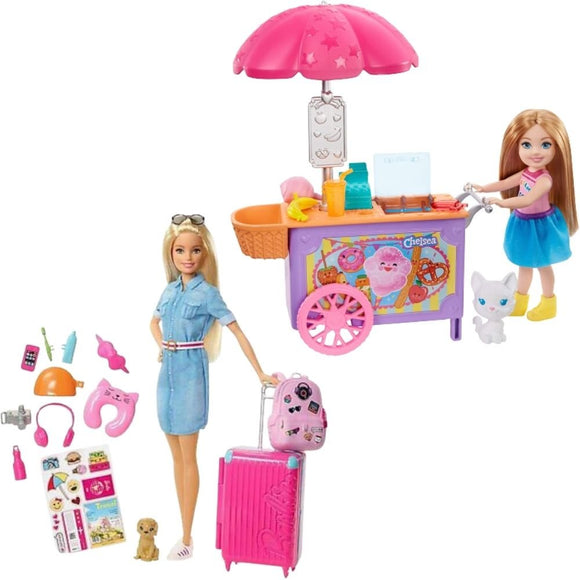 Lian LifeStyle Barbie Bundle, Barbie Club Chelsea Doll and Snack Cart Playset + Barbie Travel Doll with Blonde Doll. 2 Packs