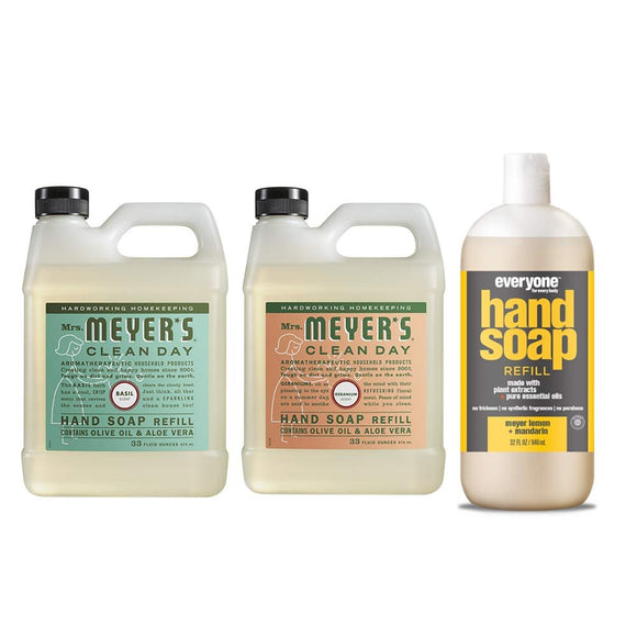 Mrs. Meyers Clean Day Liquid Hand Soap Refill, 1 Pack Basil, 1 Pack Geranium, 33 OZ each include 1 12.75 OZ Bottle of Hand Soap Meyer Lemon