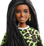 Barbie Fashionistas Doll with Long Brunette Braids Wearing Neon Green Animal-Print Top, Pink Shorts, White Sandals & Earrings, Toy for Kids 3 to 8 Years Old