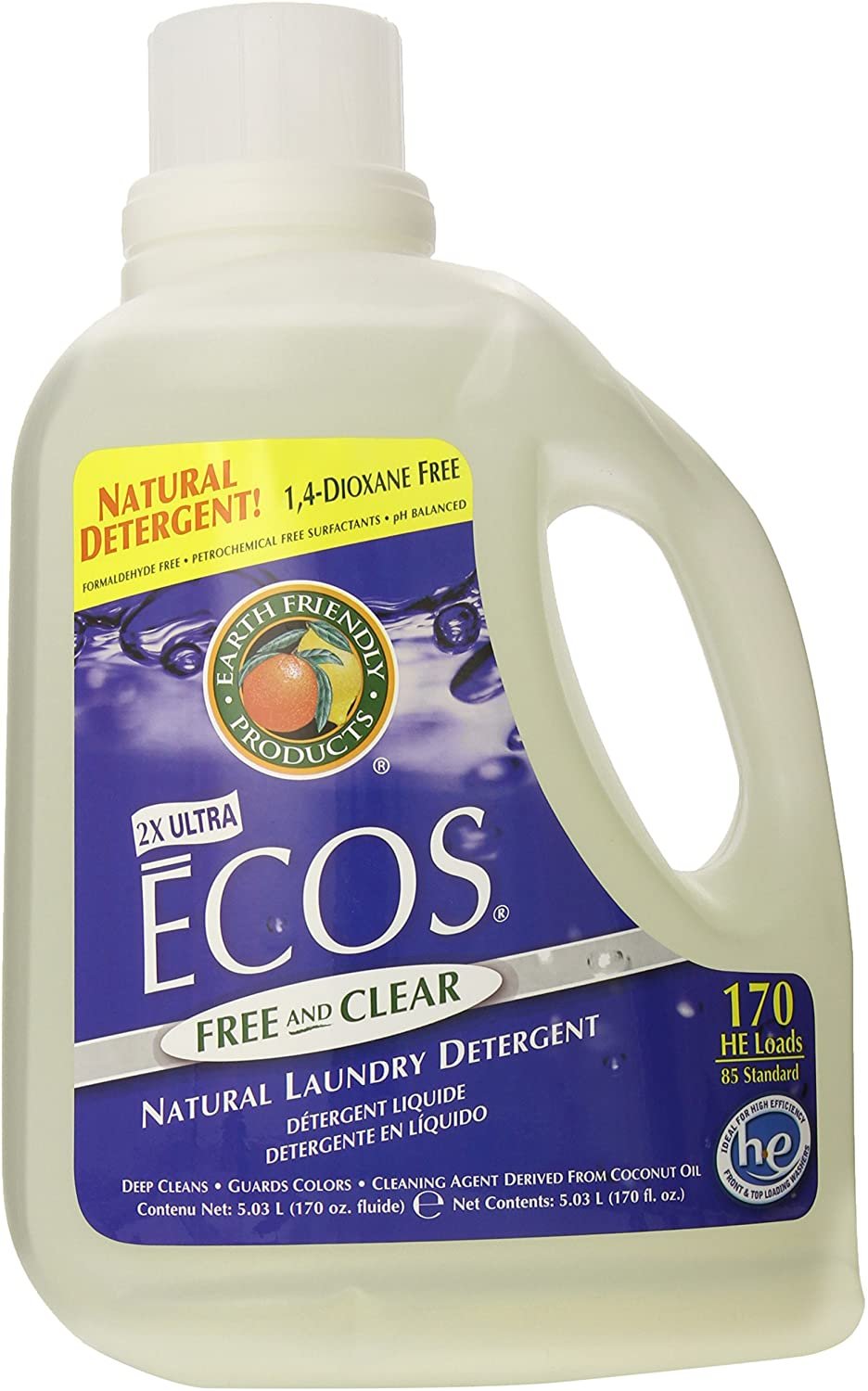 Liquid Laundry Detergent,with Built-in Fabric Softener, Free and Clear, Plant Drived, Hyper Allergenic, Pack of 6, 170 Ounce Per Pack