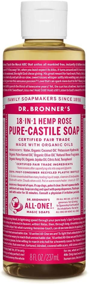 Pure-Castile Liquid Soap (Rose) - Made with Organic Oils, 18-in-1 Uses: Face, Body, Hair, Laundry, Pets & Dishes, Concentrated, Vegan, Non-GMO (8 Fl Oz) Pack of 3