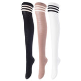 Lovely Annie Women's 3 Pairs Incredible Durable Super Soft Unique Over Knee High Thigh High Cotton Socks Size 6-9 A1022(Black, Kakhi, White)