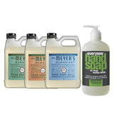 Liquid Hand Soap Refill, 1 Pack Basil, 1 Pack Geranium, 1 Pack Rain water, 33 OZ each include 1, 12.75 OZ Bottle of Hand Soap Spearmint + Lemongrass