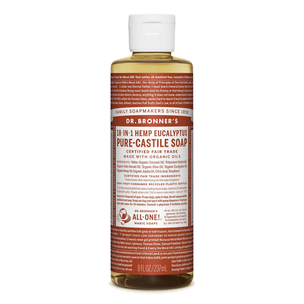 Pure-Castile Liquid Soap (Eucalyptus, 8 ounce) - Made with Organic Oils, 18-in-1 Uses: Face, Body, Hair, Laundry, Pets and Dishes, Concentrated, Vegan, Non-GMO - Pack of 1