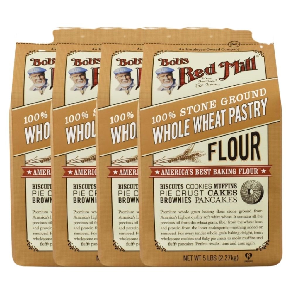 Whole Wheat Pastry Flour, Soft White Wheat, Best Baking Flour, Stone Ground, Contain Precious Oils, Fibers, Proteins,Ubnbleached, Unbromated, Non-Irradiated With No Additives, Pack of 4, 80 OZ Per Pack