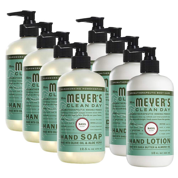 Mrs. Meyers Clean Day, 4 Packs Liquid Hand Soap 12.5 OZ, 4 Packs Hand Lotion 12 OZ, Basil, 8-Packs
