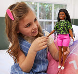 Barbie Fashionistas Doll with Long Brunette Braids Wearing Neon Green Animal-Print Top, Pink Shorts, White Sandals & Earrings, Toy for Kids 3 to 8 Years Old
