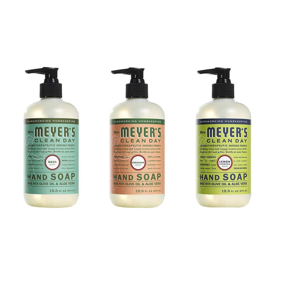 Mrs. Meyers Clean Day Liquid Hand Soap, 1 Pack Lemon Verbena, 1 Pack Basil, 1 Pack Geranium, 12.50 OZ each