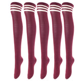 Lovely Annie Women's 5 Pairs Incredible Durable Super Soft Unique Over Knee High Thigh High Cotton Socks Size 6-9 A1022(Wine)