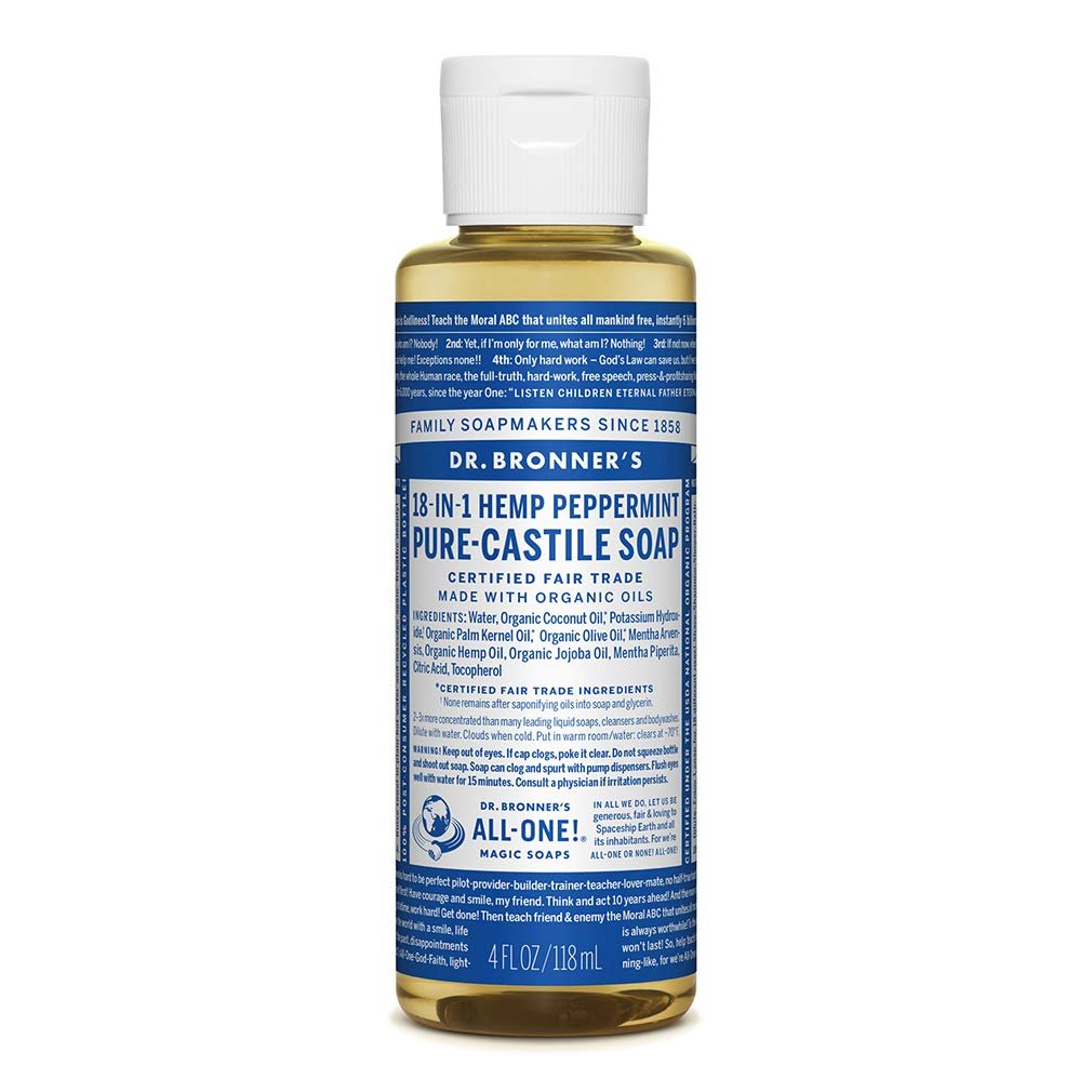 Pure-Castile Liquid Soap (Peppermint) - Made with Organic Oils, 18-in-1 Uses: Face, Body, Hair, Laundry, Pets and Dishes, Concentrated, Vegan, Non-GMO (4 Ounce) Pack of 5