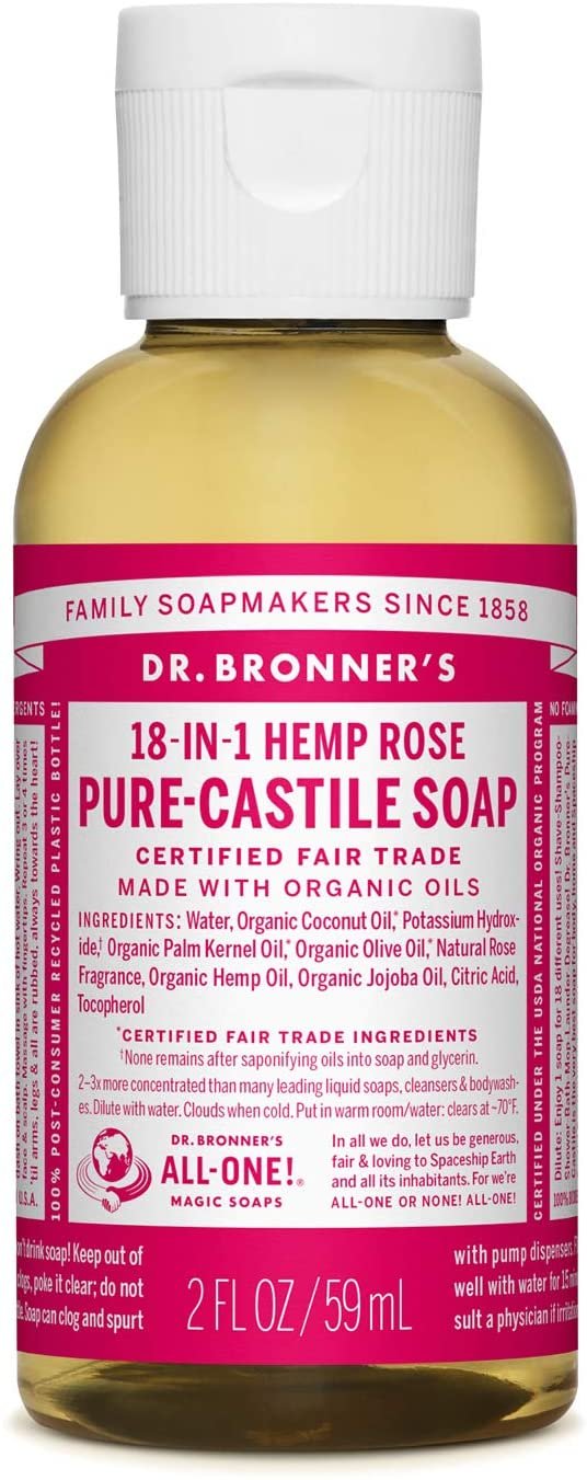 Pure Castile Liquid Soap, Rose, Made with Organic Oil, For Face, Body, Hair, Laundry, Pets and Dishes, Concentrated, Vegan, Non-GMO, Pack of 1, 2 Fl OZ Per Pack