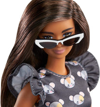 Load image into Gallery viewer, Barbie Fashionistas Doll #140 with Long Brunette Hair Wearing Mouse-Print Dress, Pink Booties &amp; Sunglasses, Toy for Kids 3 to 8 Years Old

