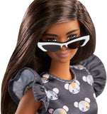 Barbie Fashionistas Doll #140 with Long Brunette Hair Wearing Mouse-Print Dress, Pink Booties & Sunglasses, Toy for Kids 3 to 8 Years Old