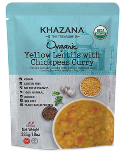 ORGANIC Ready to Eat Indian Meals- Yellow Lentils w/ Chickpeas Curry - 10oz Pouches | Non-GMO, Vegan, Gluten Free & Kosher | Authentic Cuisine in 90 Seconds, 3-Packs