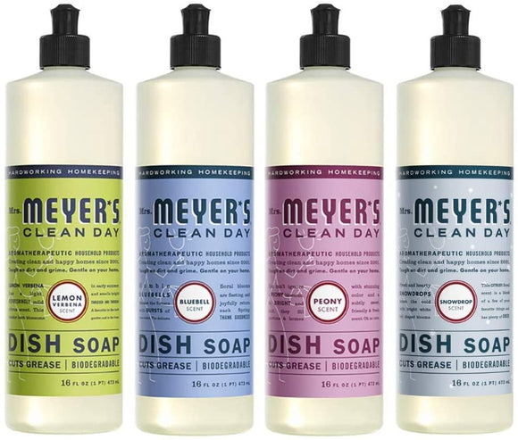 Mrs. Meyers Clean Day Liquid Dish Soap, 1 Pack Lemon Verbena, 1 Pack Bluebell, 1 Pack Peony, 1 Pack Snowdrop, 16 OZ each