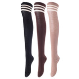 Lovely Annie Big Girl's Women's 3 Pairs Incredible Durable Super Soft Unique Over Knee High Thigh High Cotton Socks Size 6-9 A1022(Black,Cofe,Khaki)