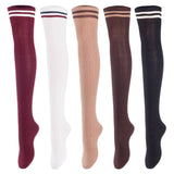 Lovely Annie Big Girl's Women's 5 Pairs Incredible Durable Super Soft Unique Over Knee High Thigh High Cotton Socks Size 6-9 A1023(Blk,Cof,Kaki,Wite,Wine)