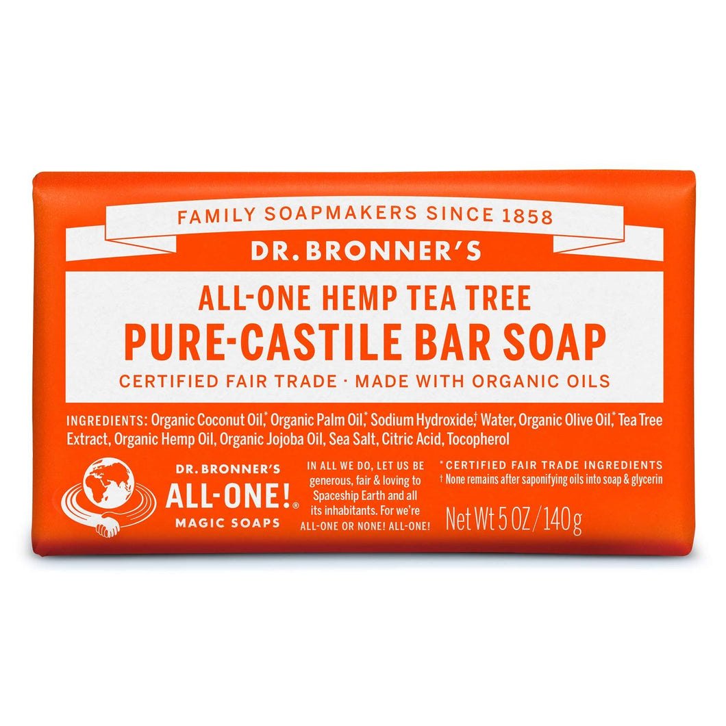 Pure-Castile Bar Soap (Tea Tree, 5 ounce) - Made with Organic Oils, For Face, Body, Hair and Dandruff, Gentle on Acne-Prone Skin, Biodegradable, Vegan, Non-GMO - Pack of 2