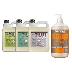 Liquid Hand Soap Refill, 1 Pack Lemon Verbena, 1 Pack Basil, 1 Pack Lavender, 33 OZ each include 1, 32 OZ Bottle of Bath & Shower Gel Soap, Citrus/Mint