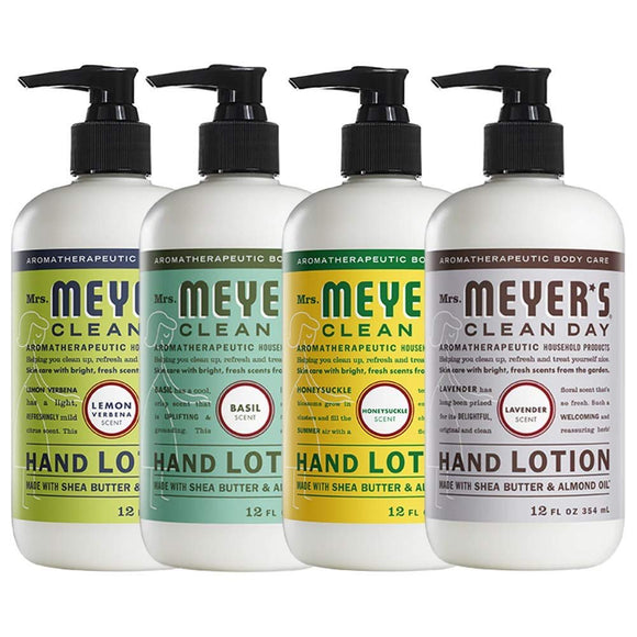 Mrs. Meyers Clean Day Hand Lotion, 1 Pack Lemon Verbena, 1 Pack Basil, 1 Pack Honeysuckle, 1 Pack Lavender, 12 OZ each