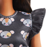 Barbie Fashionistas Doll #140 with Long Brunette Hair Wearing Mouse-Print Dress, Pink Booties & Sunglasses, Toy for Kids 3 to 8 Years Old