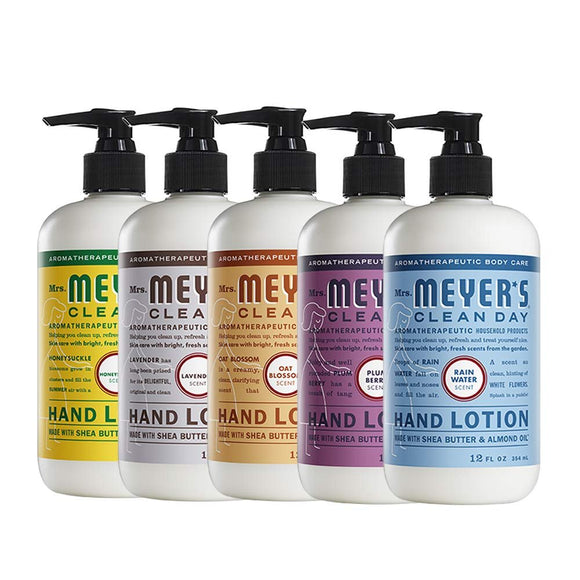 Mrs. Meyers Clean Day Hand Lotion, 1 Pack Honeysuckle, 1 Pack Lavender, 1 Pack Geranium, 1 Pack Plumbery, 1 Pack Rainwater, 12 OZ each