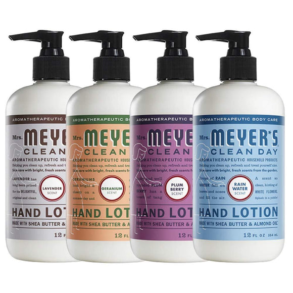 Mrs. Meyers Clean Day Hand Lotion, 1 Pack Lavender, 1 Pack Geranium, 1 Pack Plumbery, 1 Pack Rainwater, 12 OZ each
