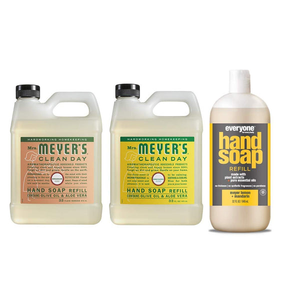 Mrs. Meyers Clean Day Liquid Hand Soap Refill, 1 Pack Geranium, 1 Pack Honey Suckle, 33 OZ each include 1 12.75 OZ Bottle of Hand Soap Meyer Lemon
