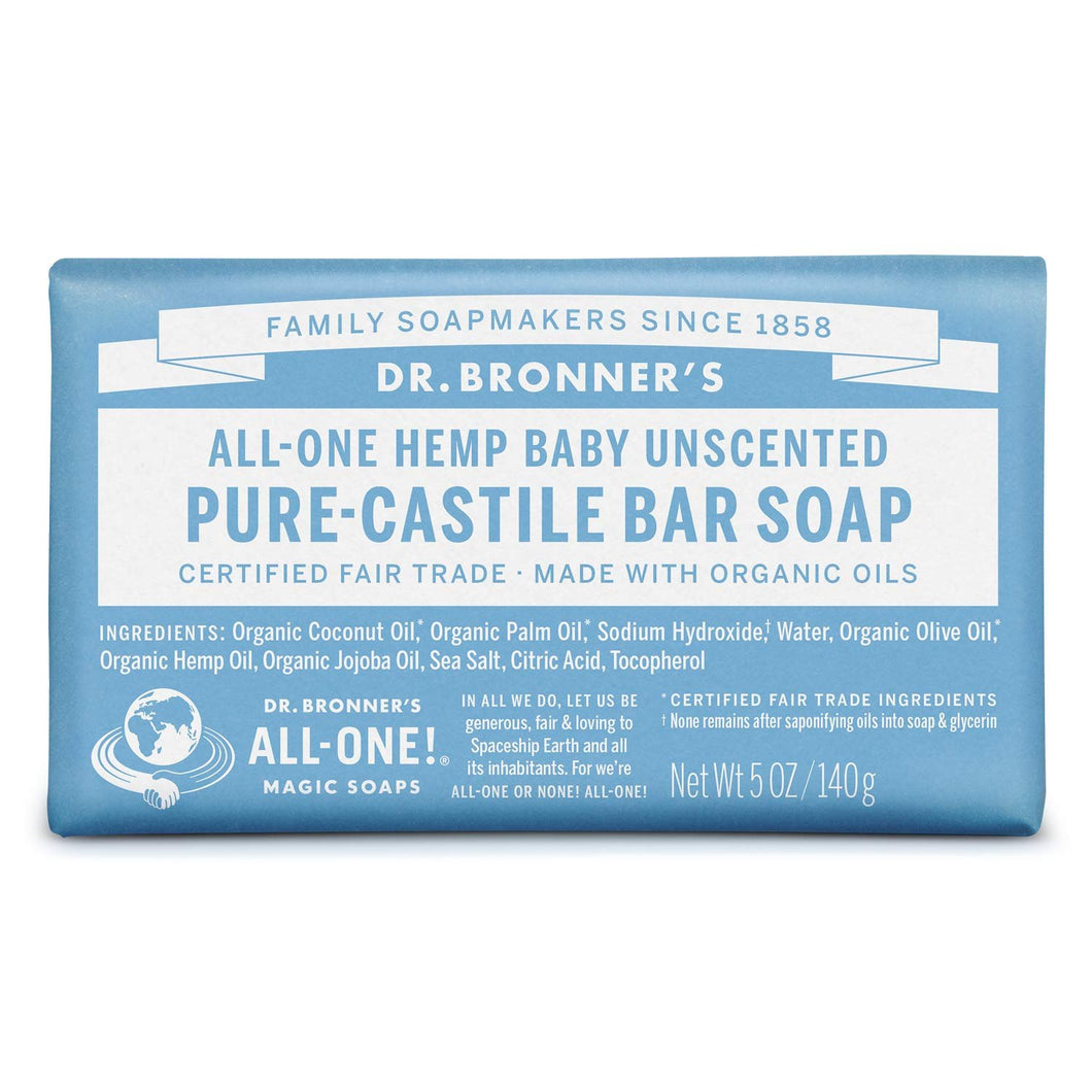 Pure-Castile Bar Soap (Baby Unscented, 5 ounce) - Made with Organic Oils, For Face, Body and Hair, Gentle for Sensitive Skin and Babies, No Added Fragrance, Biodegradable, Vegan - Pack of 2