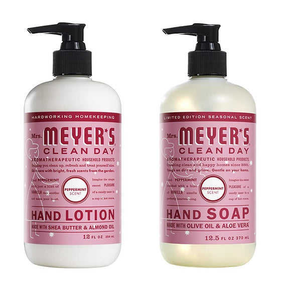 Mrs. Meyers Clean Day, 1 Pack Liquid Hand Soap 12.5 OZ, 1 Pack Hand Lotion 12 OZ, Peppermint, 2-Packs