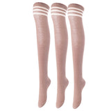 Lovely Annie Big Girl's Women's 3 Pairs Incredible Durable Super Soft Unique Over Knee High Thigh High Cotton Socks Size 6-9 A1022(Khaki)