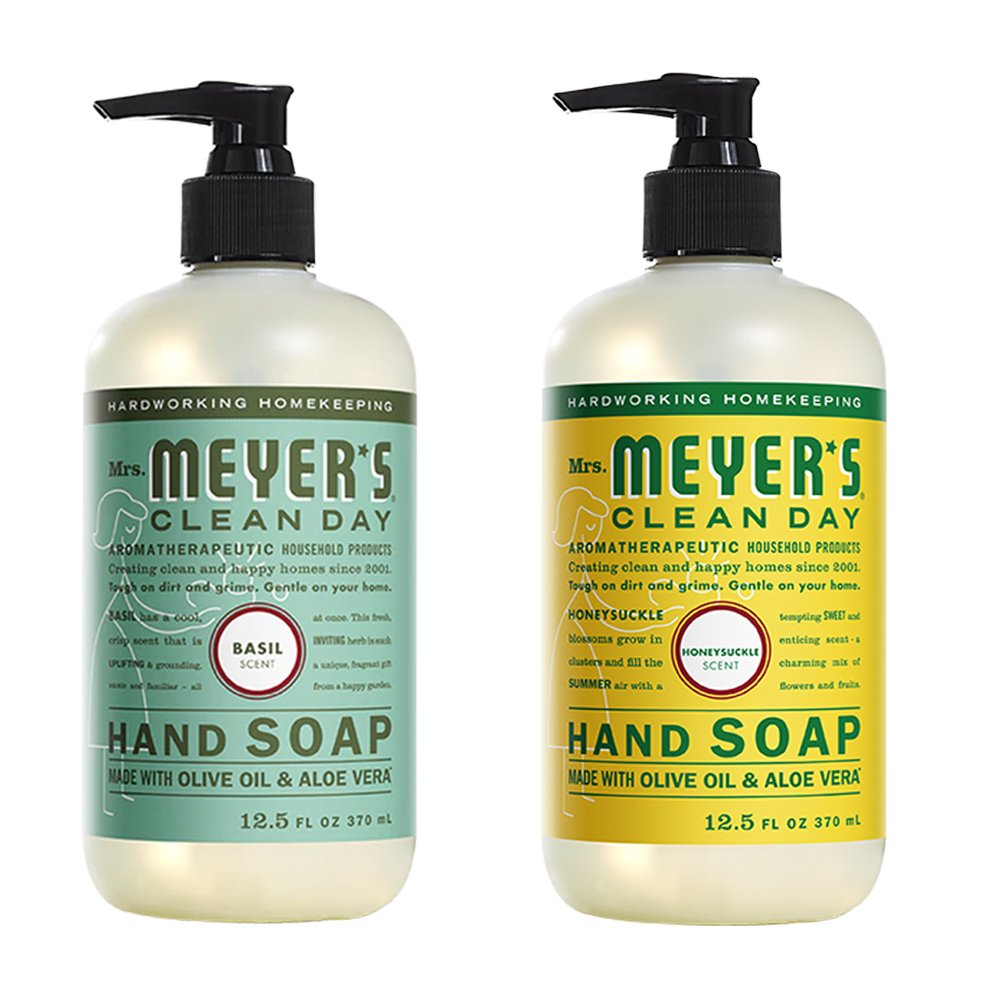Mrs. Meyers Clean Day Liquid Hand Soap, 1 Pack Basil, 1 Pack Honey suckle, 12.5 OZ each