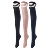 Lovely Annie Women's 3 Pairs Incredible Durable Super Soft Unique Over Knee High Thigh High Cotton Socks Size 6-9 A1022(Black, Kakhi, Navy)