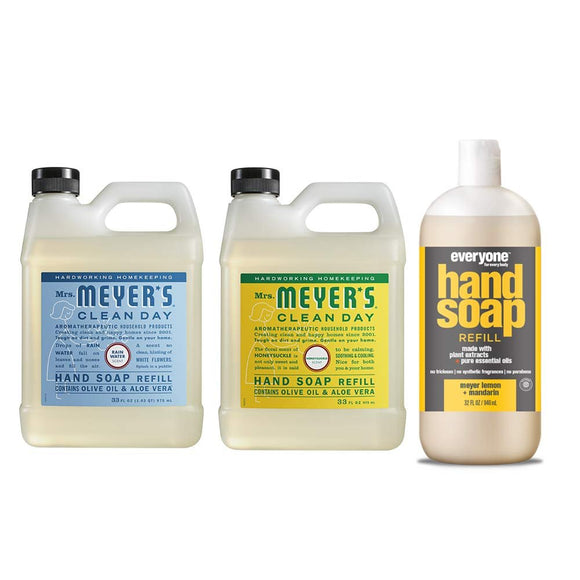 Mrs. Meyers Clean Day Liquid Hand Soap Refill, 1 Pack Rain water, 1 Pack Honey Suckle, 33 OZ each include 1 12.75 OZ Bottle of Hand Soap Meyer Lemon