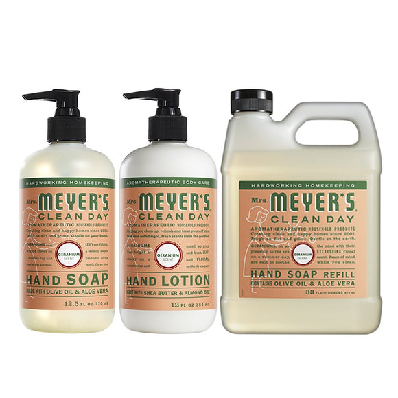 Liquid Hand Soap, Liquid Hand Soap Refil and Hand Lotion Combo, 1 Pack Liquid Hand Soap 12.5 Fl OZ, 1 Pack Liquid hand Soap Refill 33 Fl OZ, 1 Pack Hand Lotion 12 OZ, Geranium Scent