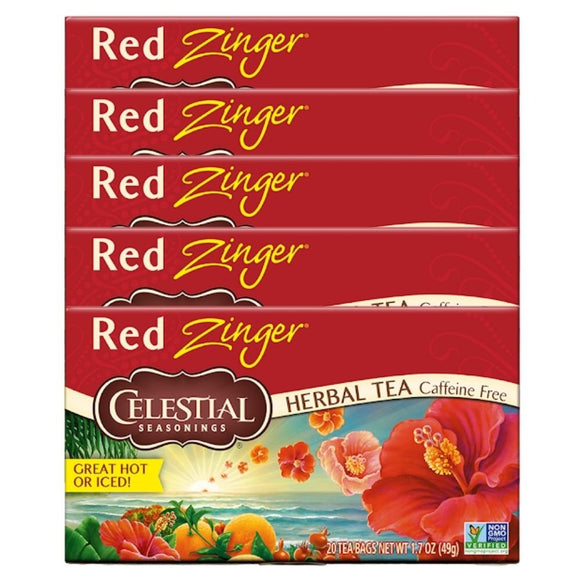 Tea No Caffeine Herbal Tea, Red Zinger, Gluten free, No Caffeine, No Artificial Colors Or Preservatives, All-Natural Ingredients and Flavors, Pack of 5, 20 Count Per Pack, 1.70 OZ Per Pack