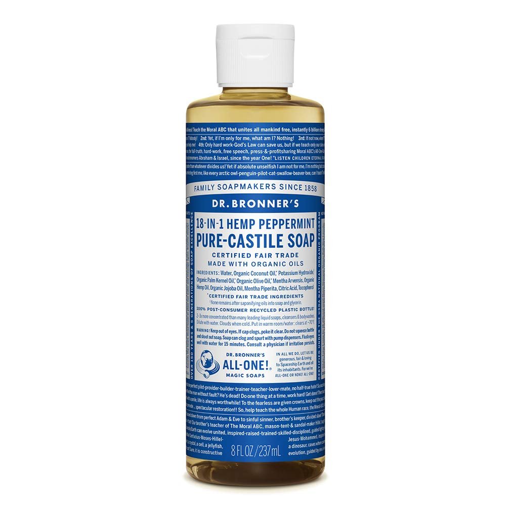 Pure-Castile Liquid Soap (Peppermint, 8 ounce) - Made with Organic Oils, 18-in-1 Uses: Face, Body, Hair, Laundry, Pets and Dishes, Concentrated, Vegan, Non-GMO - Pack of 5