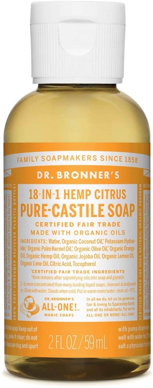 Pure Castile Liquid Soap, Citrus, Made with Organic Oil, For Face, Body, Hair, Laundry, Pets and Dishes, Concentrated, Vegan, Non-GMO, Pack of 5, 2 Fl OZ Per Pack