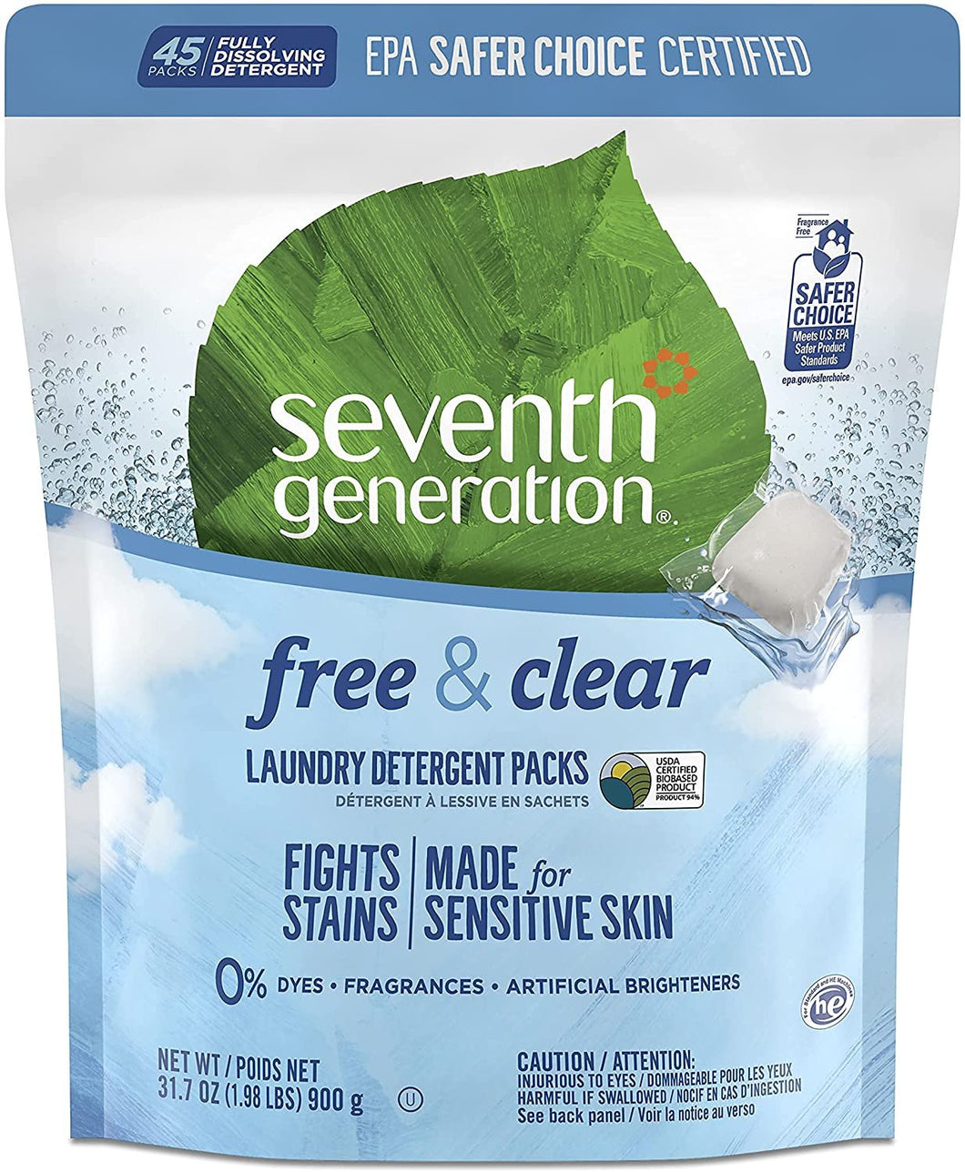 Laundary Detergent Packs, Built in Fabric Softner Enzymes, Free & Clear, Plant Derived, Fight Stains, No Dyes, For Sensitive Skin, Pack of 6, 45 Count Per Pack, 31.7 FL OZ Per Pack,