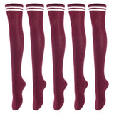 Lovely Annie Big Girl's Women's 5 Pairs Incredible Durable Super Soft Unique Over Knee High Thigh High Cotton Socks Size 6-9 A1023(Wine)