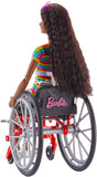 Barbie Fashionistas Doll #166, with Wheelchair & Crimped Brunette Hair Wearing Rainbow-Striped Dress, White Sneakers, Sunglasses & Fanny Pack, Toy for Kids 3 to 8 Years Old