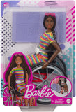 Barbie Fashionistas Doll #166, with Wheelchair & Crimped Brunette Hair Wearing Rainbow-Striped Dress, White Sneakers, Sunglasses & Fanny Pack, Toy for Kids 3 to 8 Years Old