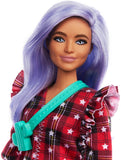 Barbie Fashionistas Doll #157, Curvy with Lavender Hair Wearing Red Plaid Dress, White Cowboy Boots & Teal Cross-Body Cactus Bag, Toy for Kids 3 to 8 Years Old